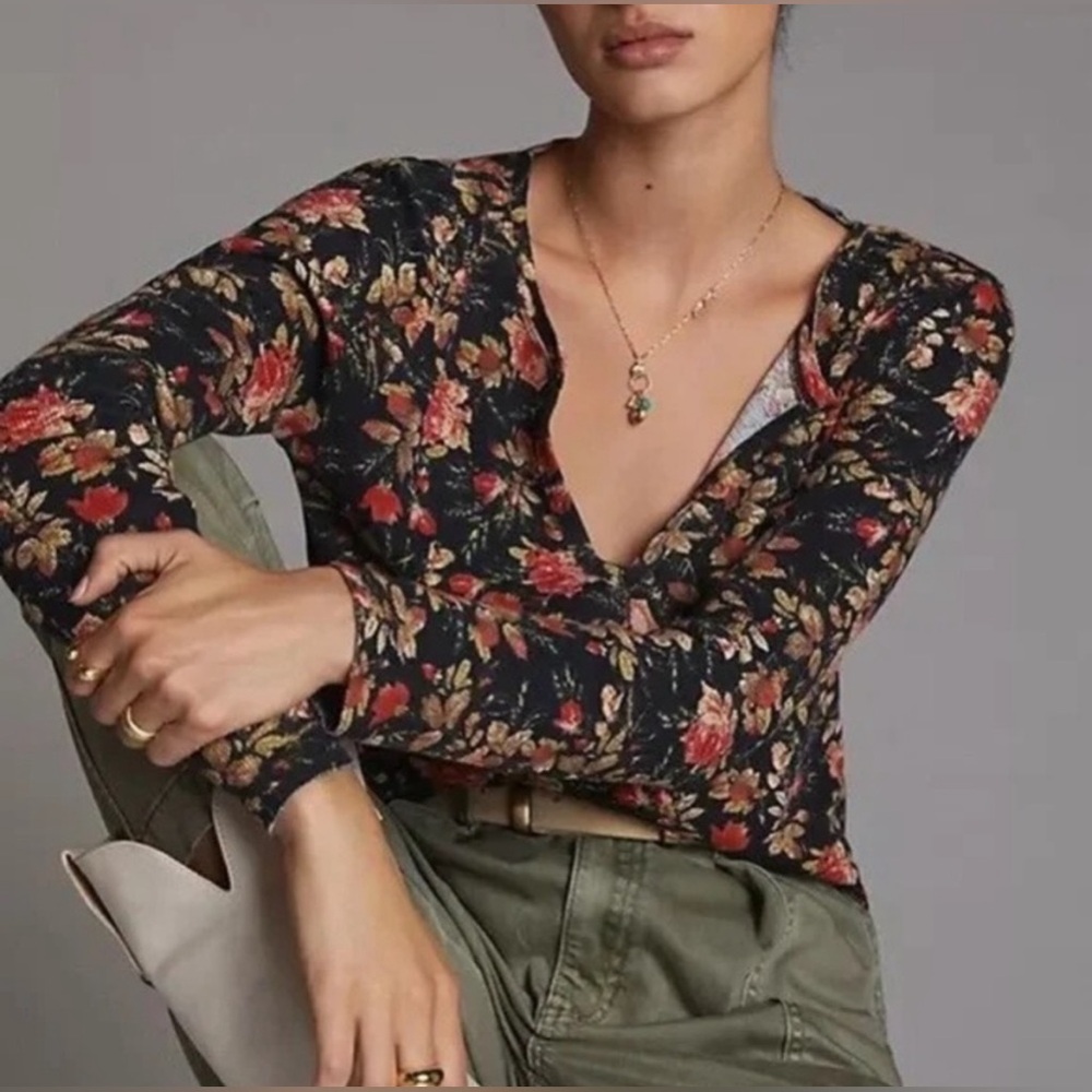 Anthropologie Pilcro Boho Cottagecore Floral Waffle Knit Long Sleeve - XSP / SP